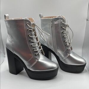 Allegra K Silver Lace Up Platform Boots